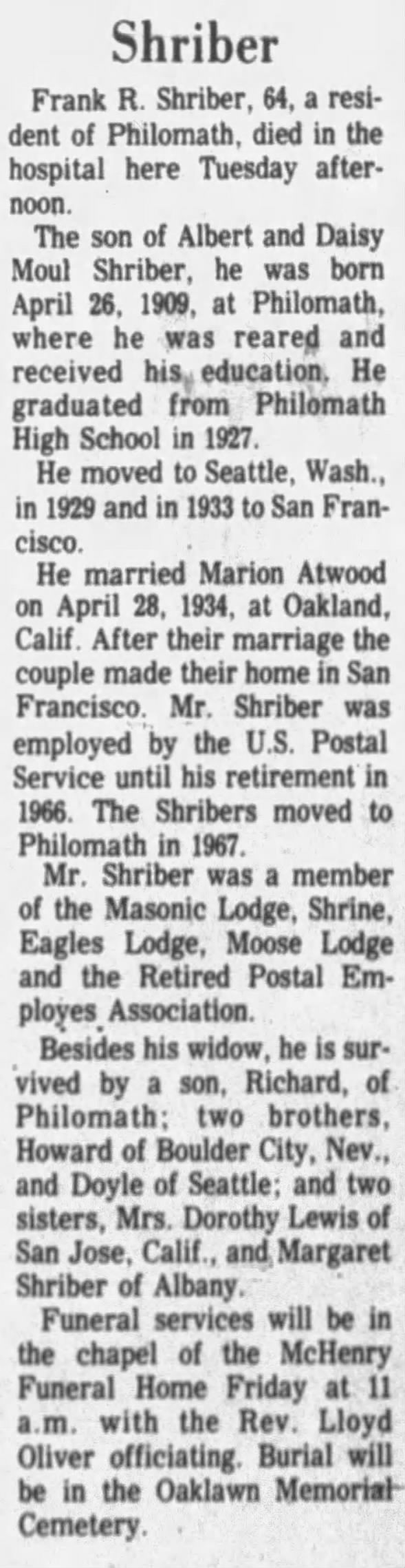Obituary for Frank R. Shriber (Aged 64)